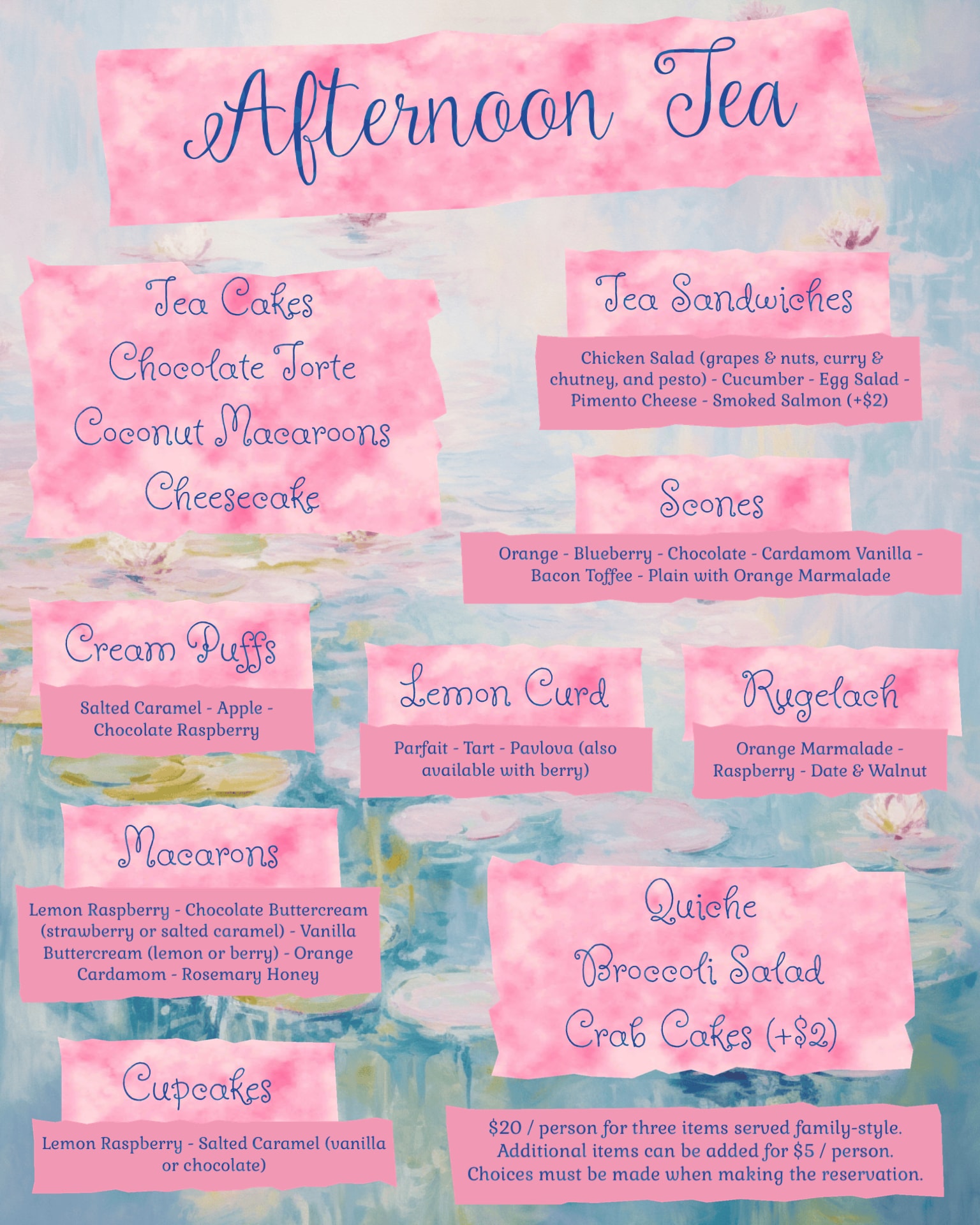 Afternoon tea menu featuring tea cakes, sandwiches, scones, cream puffs, macarons and more